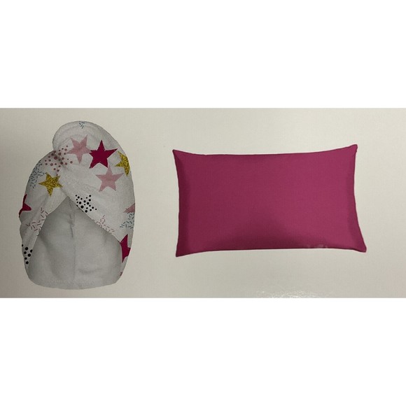 Satin Hot Pink Pillowcase & Star Print Microfiber Hair Towel Arcadia Beauty NEW - Picture 1 of 6